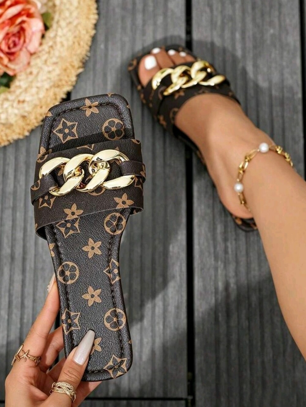 Women's Brown Monogram Slide Sandals with Gold Chain Accent